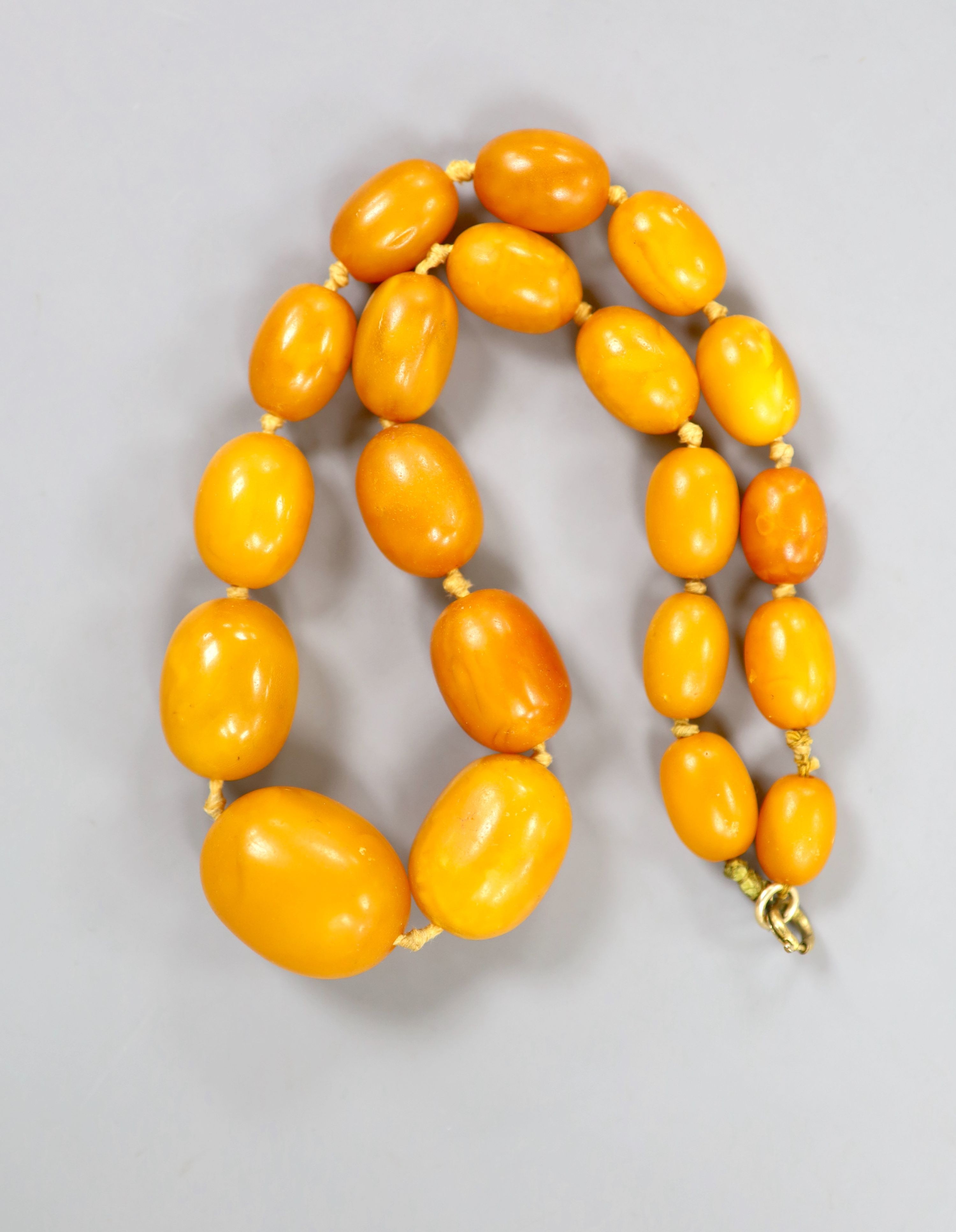 A single strand graduated oval amber bead necklace, 40cm, gross weight 41 grams.